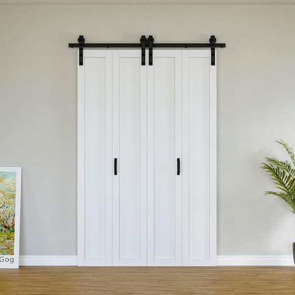 ARK DESIGN 50 in. x 84 in. Paneled 1 Lite Solid Core White Finished Composite MDF Bifold Door with Bifold Barn Door Hardware