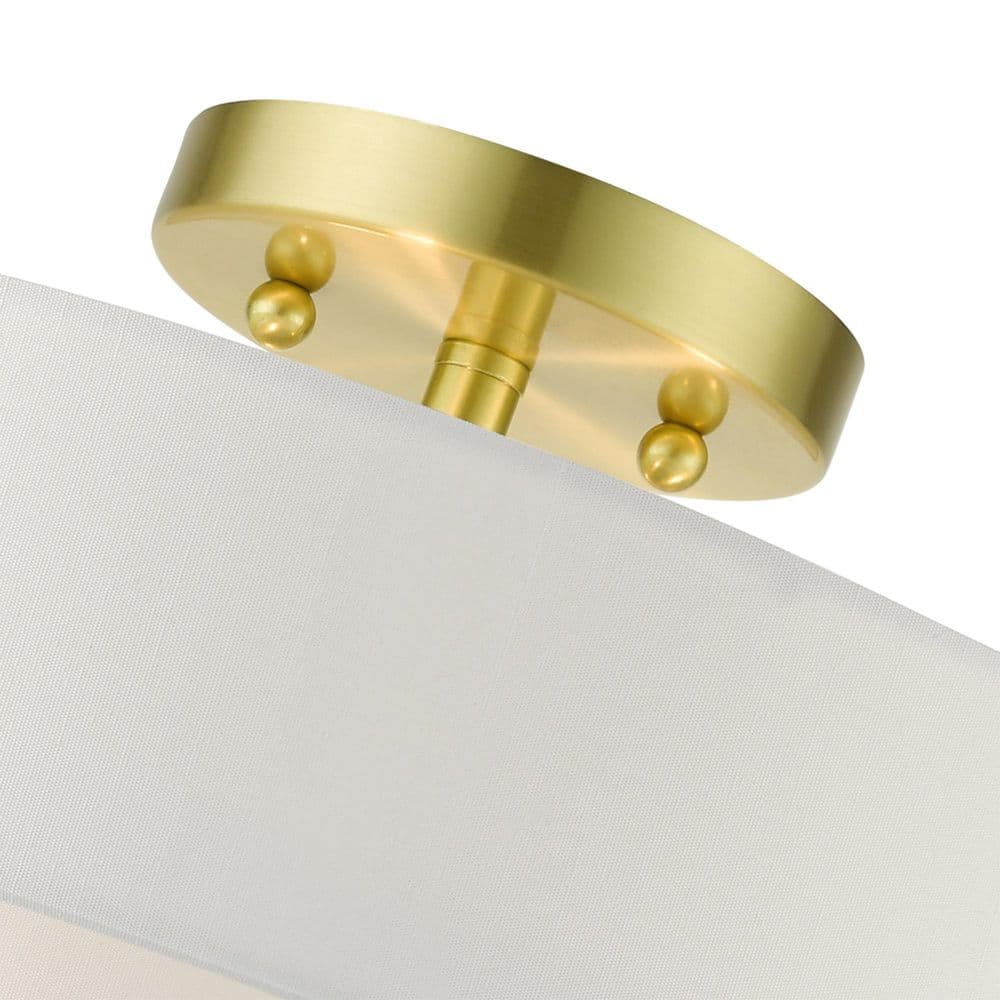 Satin Brass Modern 3-Light Semi-Flush Drum Light with Off-White Shade