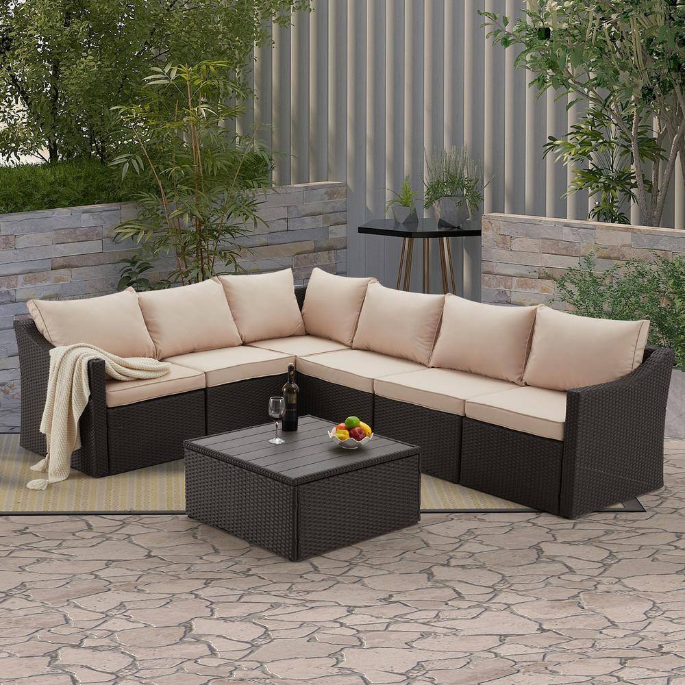 7-Piece Wicker Outdoor Sectional Set with Adjustable Bracket and ...