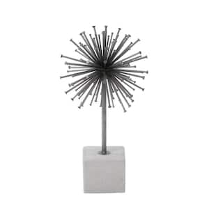Round Iron Metal Spiked Orb Sculpture on Concrete Cube Base