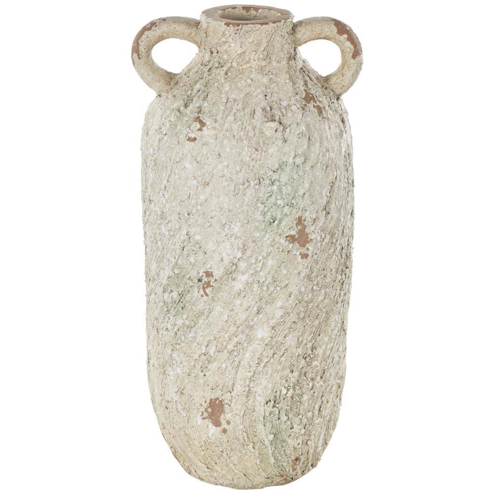 Litton Lane Cream Antique Textured Amphora Magnesium Oxide Decorative Vase with Brown Distressing