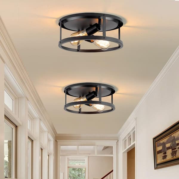 12.7 in. 2-lights Matte Black Flush Mount Ceiling Light Fixtures With Cage-style Straight Metal Frame (2-Pack)