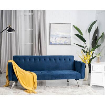 70.75 in. Blue Velvet 3-Seats Sectional Sofa Bed with Stable Wood Frame