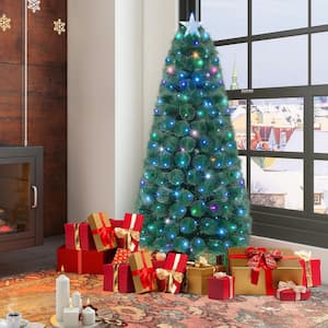 6 ft. Green Pre-Lit Fiber Optic Christmas Tree with 185 Multi-Color LED Lights and Top Star Light