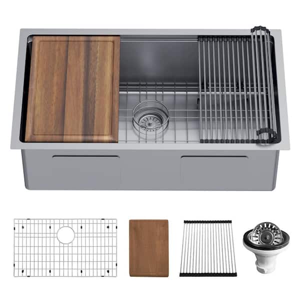 Karran 32 in. Undermount Single Bowl 16-Gauge Stainless Steel Workstation Kitchen Sink