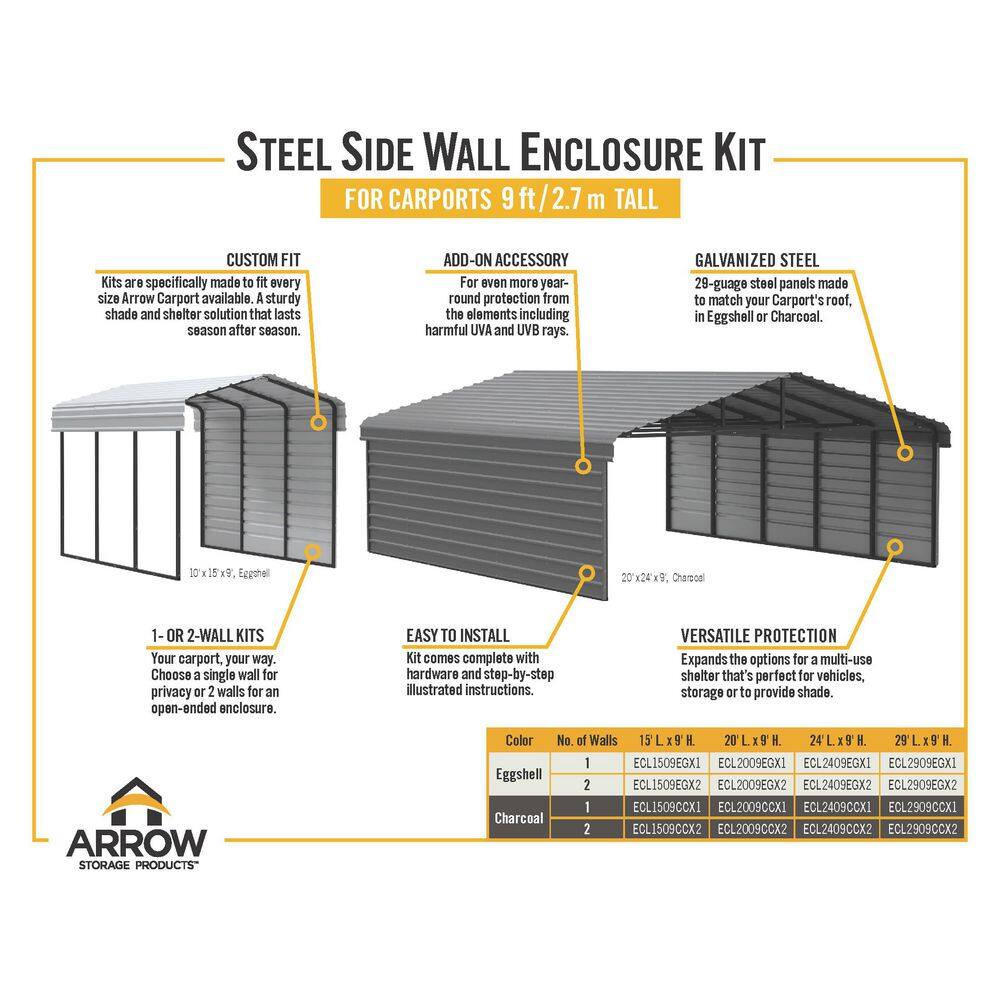 Charcoal Steel Carport Kit with 1-Sided Enclosure, 20' x 24'