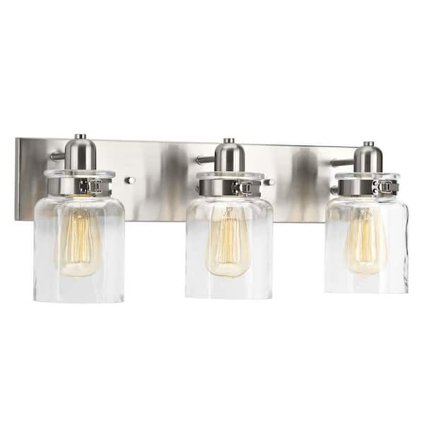 Calhoun Collection 21-5/8 in. 3-Light Brushed Nickel Clear Glass Farmhouse Urban Industrial Bathroom Vanity Light