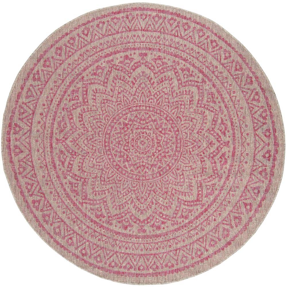 SAFAVIEH Courtyard Light Gray/Fuchsia 7 ft. x 7 ft. Round Border Indoor