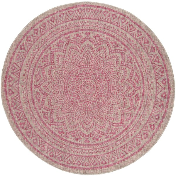 Courtyard Light Gray/Fuchsia 8 ft. x 8 ft. Medallion Indoor/Outdoor Round Area Rug