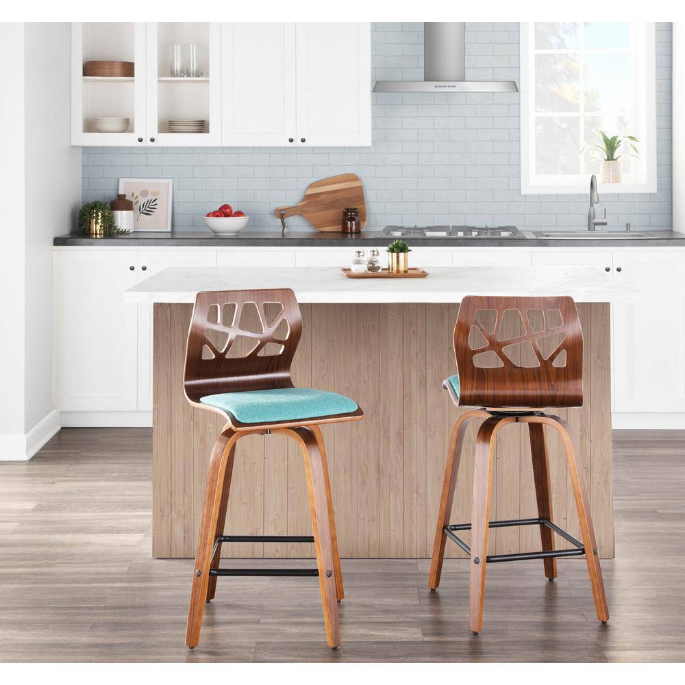 Folia Teal Upholstered Swivel Counter Height Barstools with Walnut Frame, Set of 2