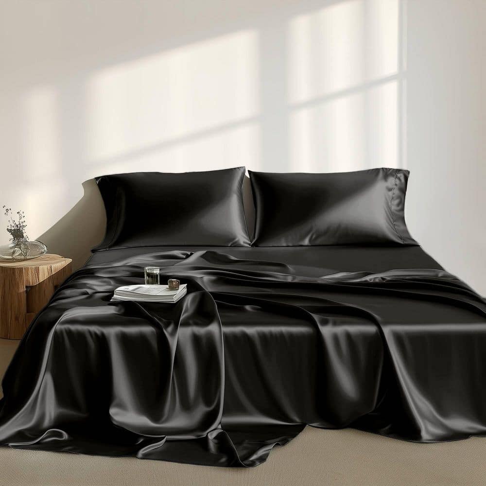 Madison Park Satin 6-Piece Black Solid Polyester Queen Luxury