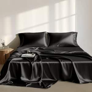 Satin 6-Piece Black Solid Polyester Queen Luxury Sheet Set