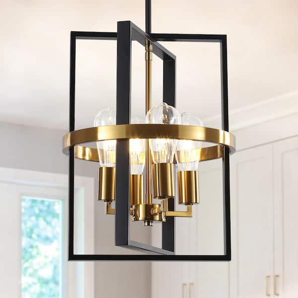 4-Light Black and Gold Industrial Adjustable Geometric Cage Chandelier for Entryway Living Room with No Bulbs Included