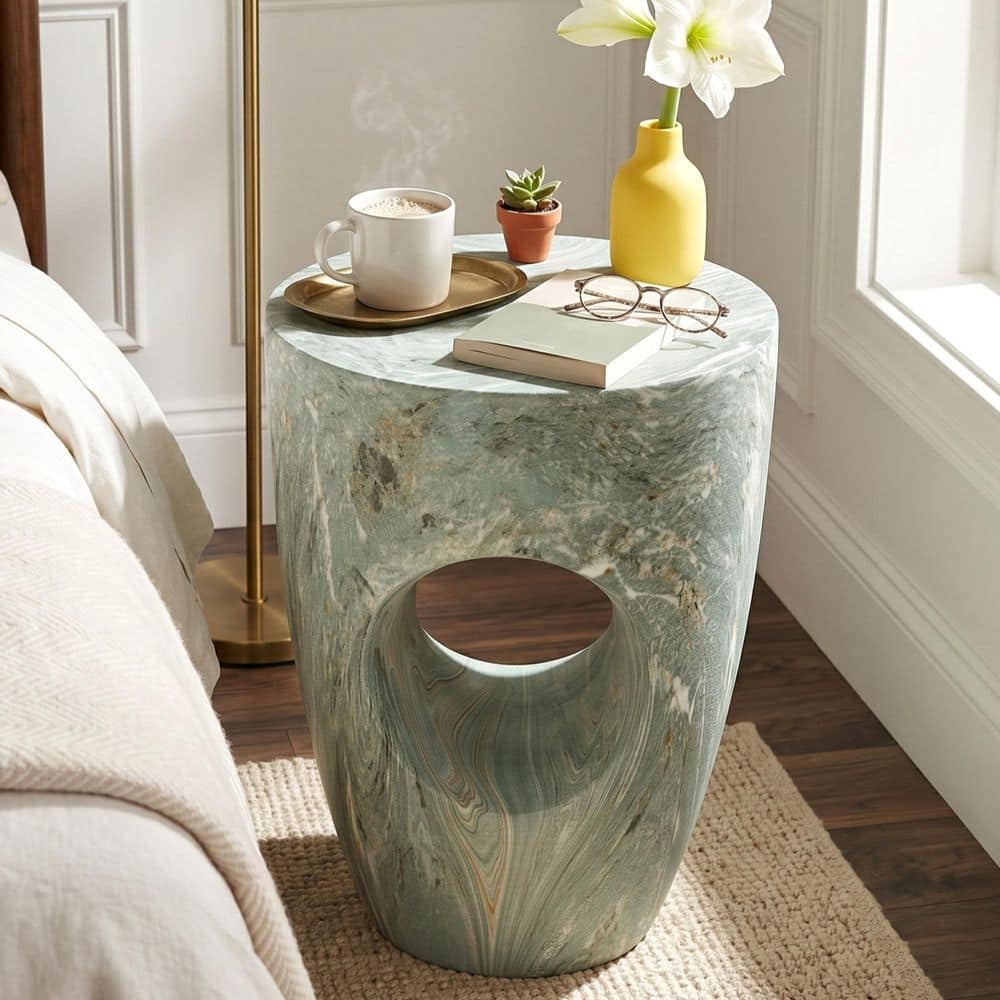 Modern Patio Green Marble Finish Round MGO (Stone) Indoor and Outdoor Side End Table with Cutout Accent price history on PriceWatchPro