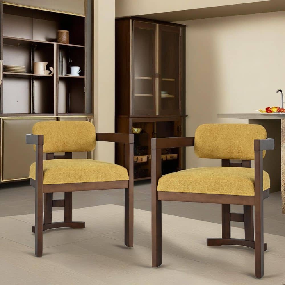 Walnut and Yellow Velvet Upholstered Dining Chair with Curved Back and Rubber Wood Legs (Set of 2)