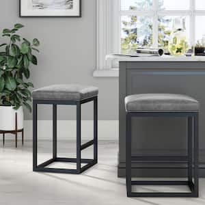 Nelson 24 in. Gray Leather Cushion and Black Stainless Steel Frame Metal Counter Height Bar Stool, Set of 2