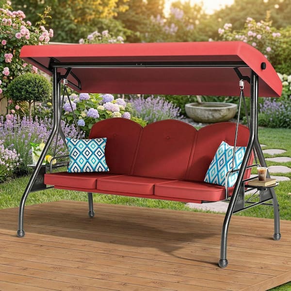 3-Person Metal Patio Swing Porch Swing with Stand, Khaki Cushions