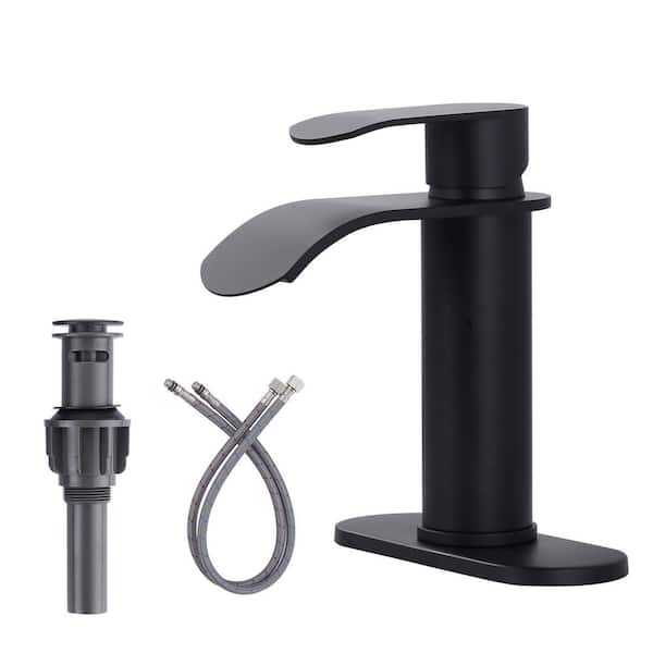 4 in. Centerset Single Handle High Arc Waterfall Bathroom Faucet with Pop Up Drain and Supply Lines in Matte Black