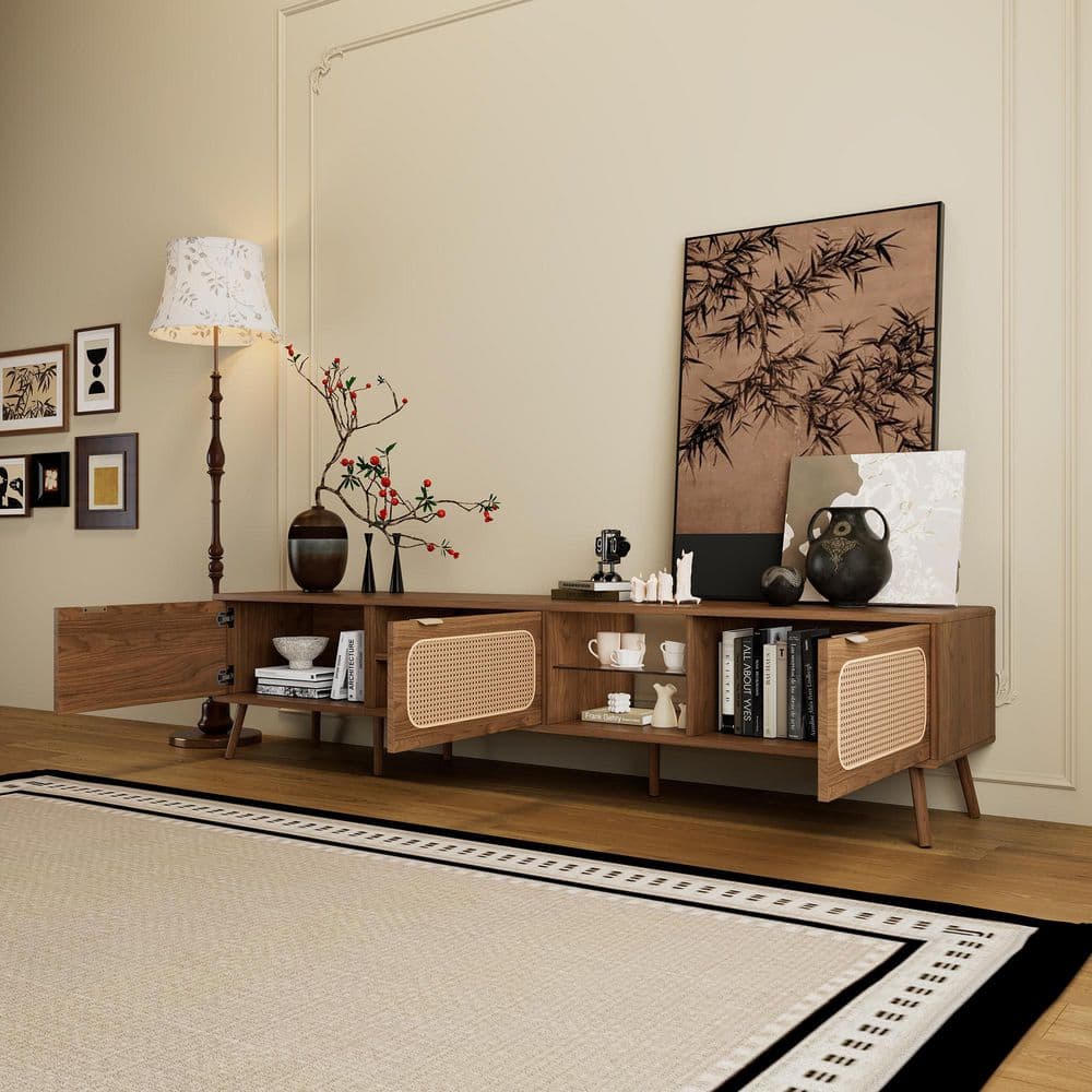78 in. Walnut Brown TV Stand Entertainment Center with Rattan Doors and Open Shelf for TVs Up to 85 in.