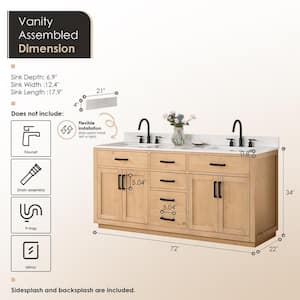 Gavino 72 in. W x 22 in. D x 34 in. H Bath Vanity in Light Brown with Grain White Composite Stone Top