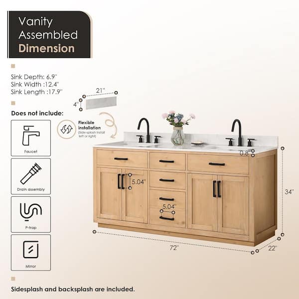 Gavino 72 in. W x 22 in. D x 34 in. H Bath Vanity in Light Brown with Grain White Composite Stone Top