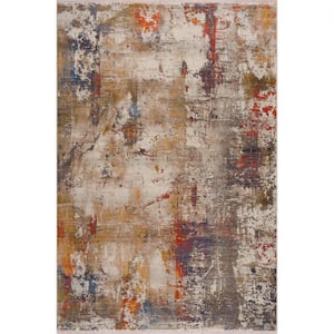 4' X 6' Gray And Ivory Abstract Power Loom Distressed Stain Resistant Area Rug