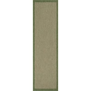 Medusa Odin. Green Solid and Striped Border 2 ft. 7 in. x 9 ft. 10 in. Indoor/Outdoor Runner Rug