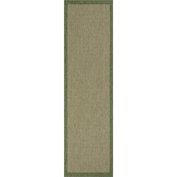 Well Woven Medusa Odin. Green Solid and Striped Border 2 ft. 7 in. x 9 ft. 10 in. Indoor/Outdoor Runner Rug