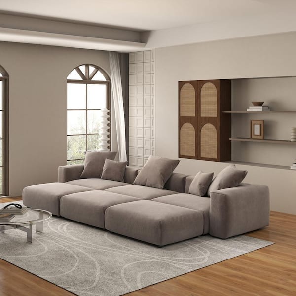 141in. Square Arm 6-Piece Corduroy Modular Free Combination Sectional Sofa Bed in Brown with Ottoman and Removable Cover