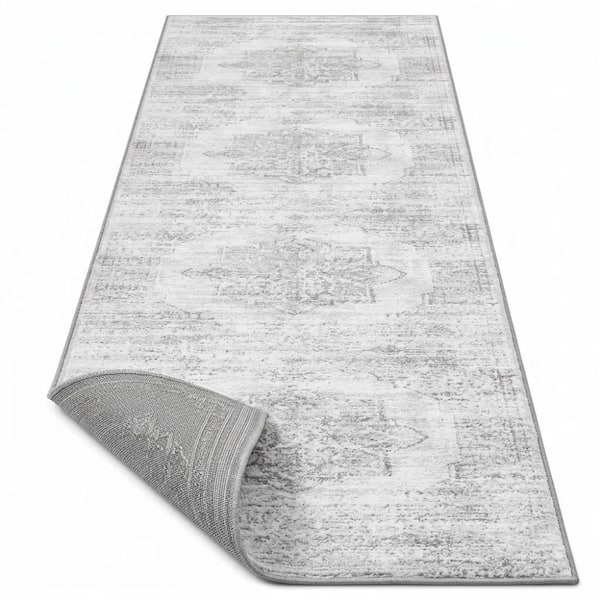 2'x8' Washable Non Slip Runner Rug, Stain Resistant Low Pile Carpet with Rubber Backing, Light Grey White