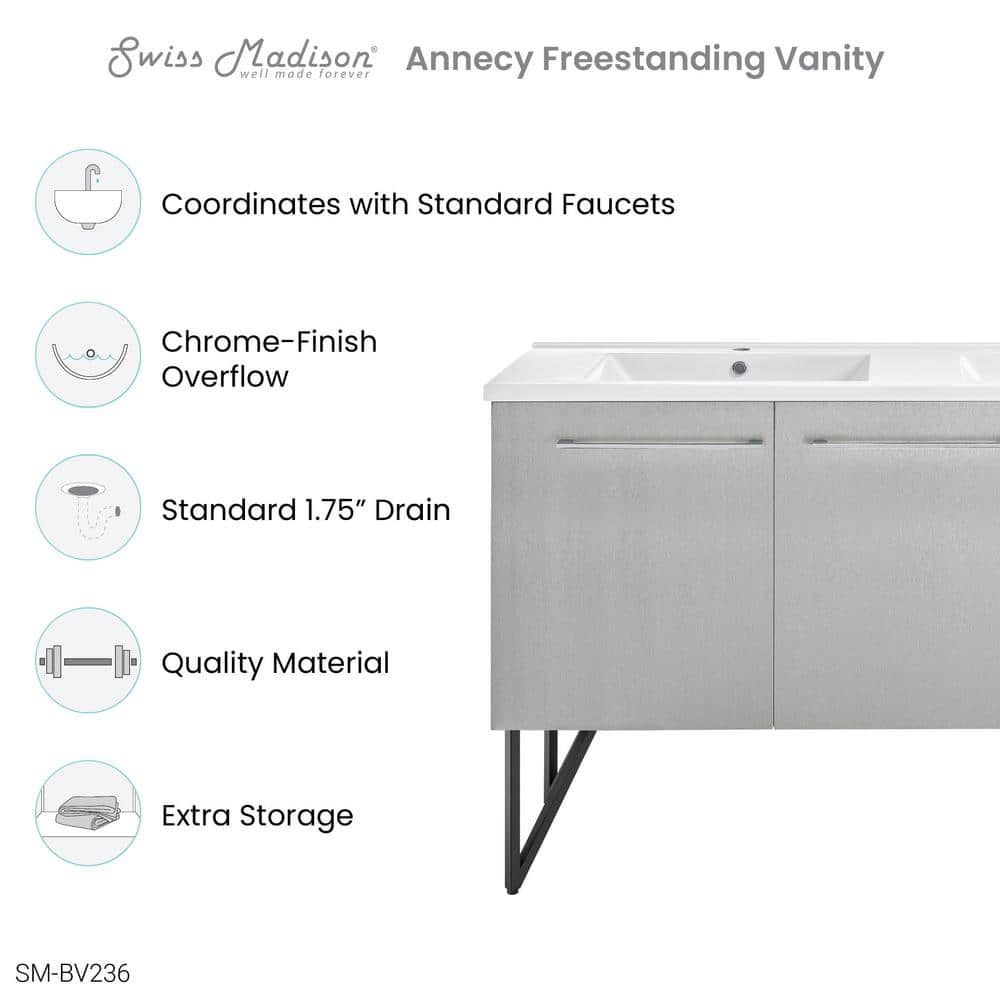 Annecy 60" Double Gray Freestanding Bathroom Vanity with Ceramic Top
