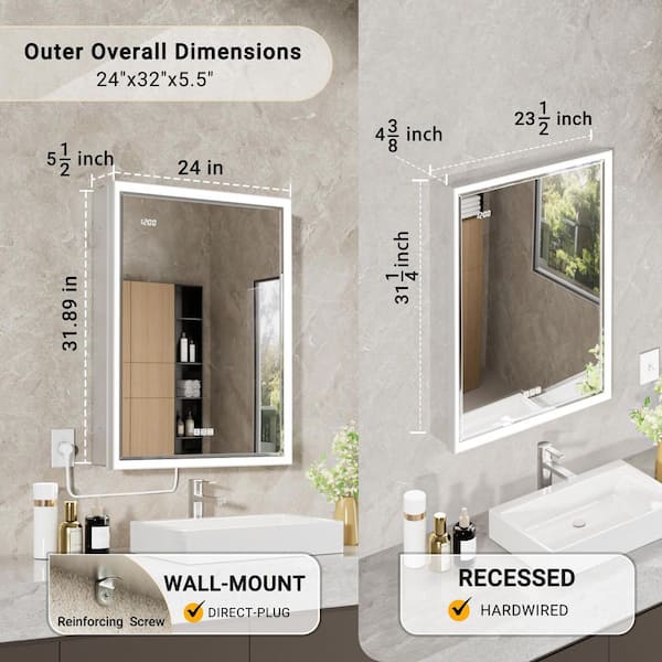 Anglora 24 in. W x 32 in. H LED Beveled Edge Rectangular Aluminum Recessed/Surface Wall Medicine Cabinet with Mirror