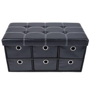 15 in. x 15 in. x 15 in. Black Faux Leather Collapsible 6-Drawer Storage Ottoman