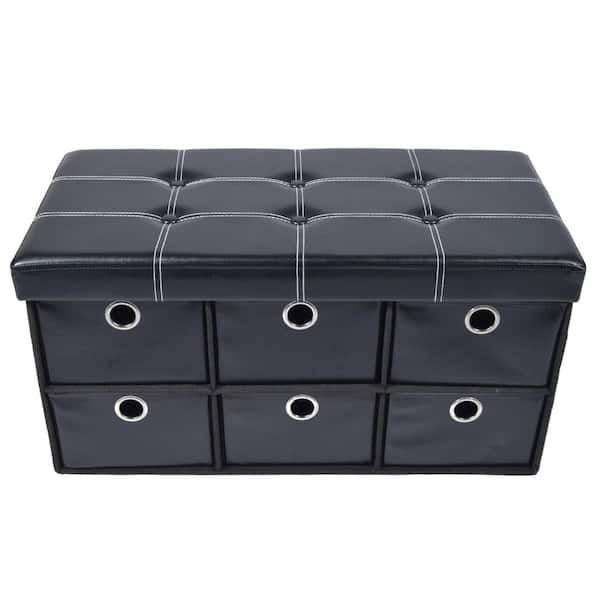 ACHIM 15 in. x 15 in. x 15 in. Black Faux Leather Collapsible 6-Drawer Storage Ottoman