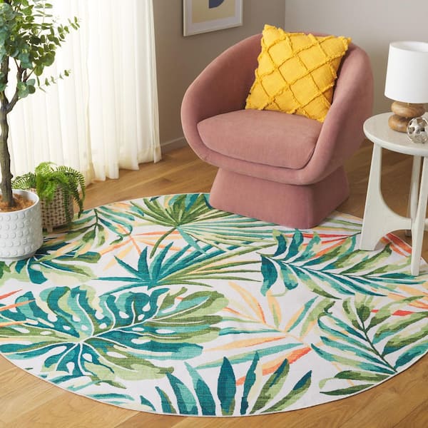 Malibu Ivory/Green 6 ft. x 6 ft. Machine Washable Botanical Ferns Round Area Rug