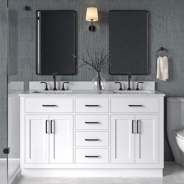 ARIEL Hepburn 61 in. W x 22 in. D x 35.25 in. H Bath Vanity in White with Carrara Marble Vanity Top in White with White Basins