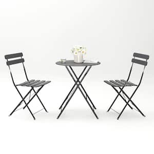 Gray 3-Pieces Metal Folding Round Outdoor Bistro Set with Cushions Patio Table Chairs Furniture