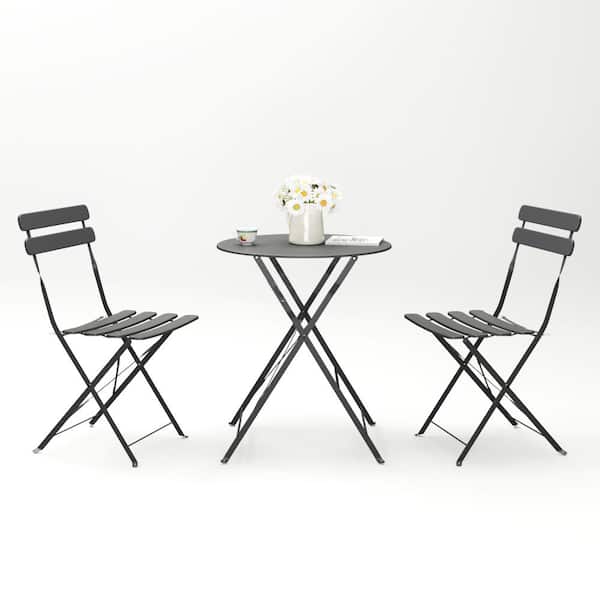 HOYT TRADE INC Gray 3-Pieces Metal Folding Round Outdoor Bistro Set with Cushions Patio Table Chairs Furniture