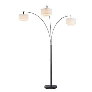Lumiere III 83 in. Double White Shade LED Arched Floor Lamp with Black Marble Base and Dimmer, Dark Bronze