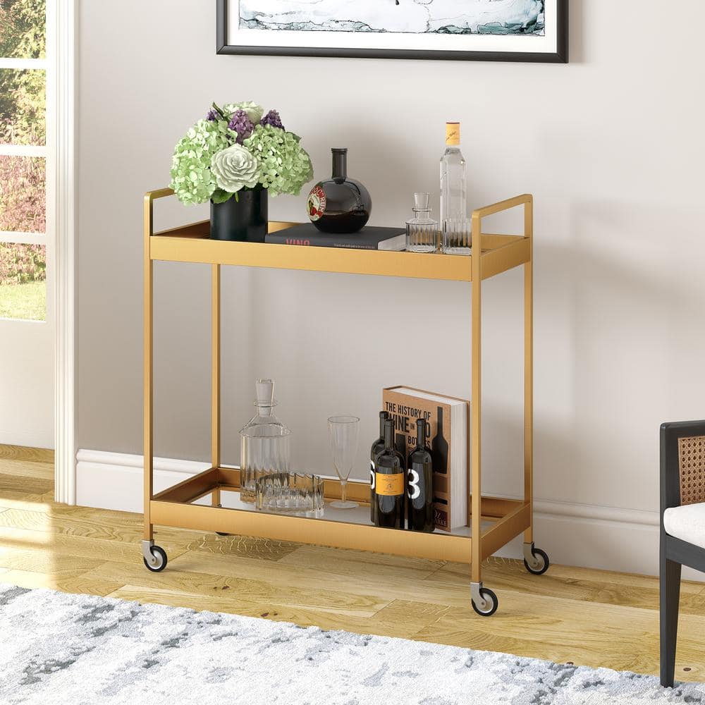 Glamourous Brass Finish Rectangular Bar Cart with Glass Shelves