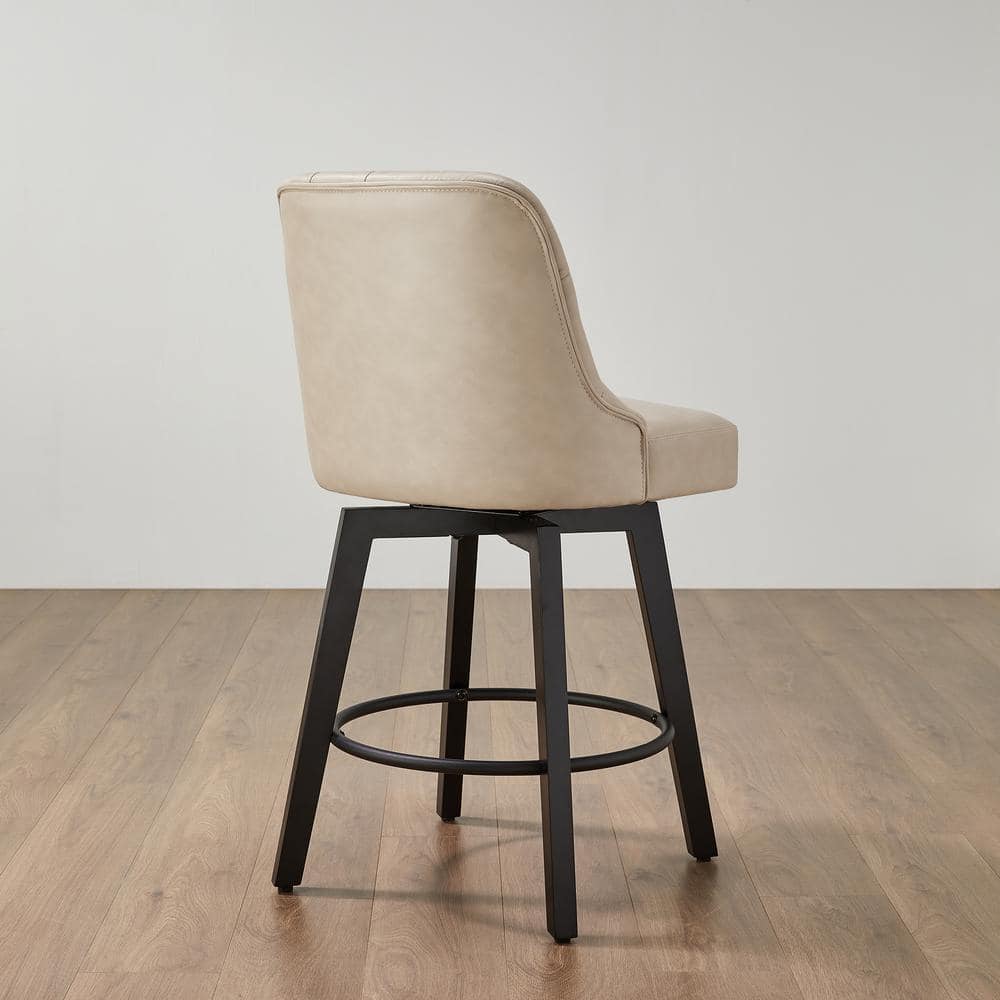 Beige Faux Leather Swivel Counter Height Barstools with Black Wood Legs, Set of 2