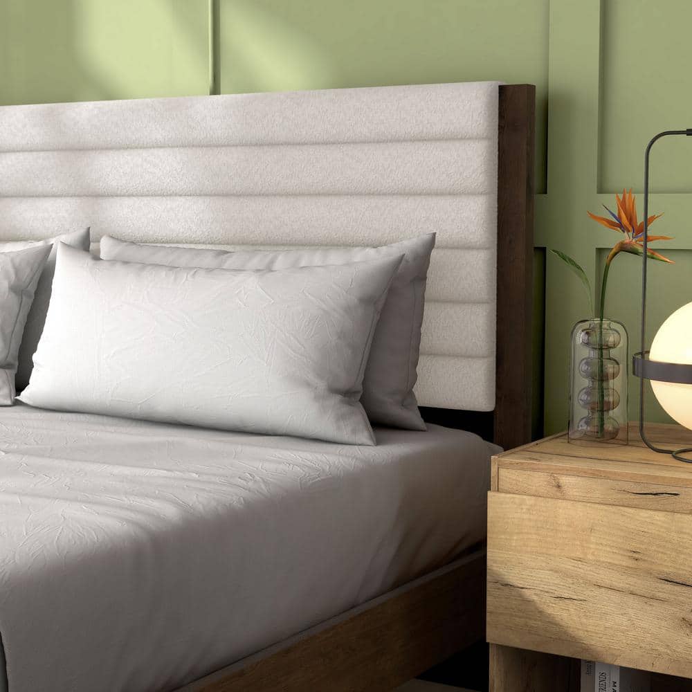 Adin Queen Dark Walnut Wood Frame Bed with White Boucle Upholstered Headboard