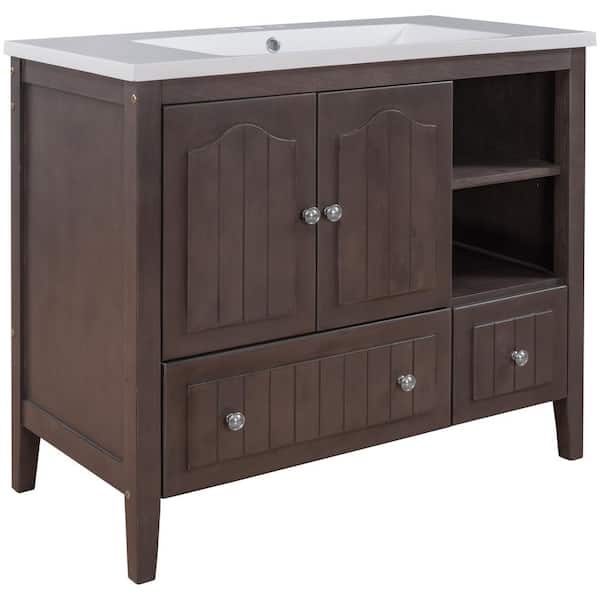 Unbranded Hot Sale 36 in. W Freestanding Solid Wood Bath Vanity in Brown with White Ceramic Sink and Top, with Doors and Drawers