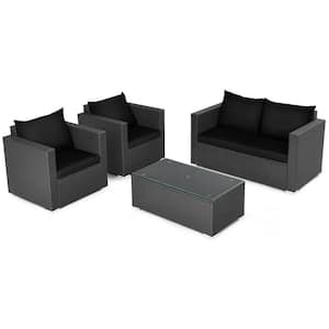 4PCS Rattan Patio Conversation Set Outdoor Furniture Set w/Black Cushions