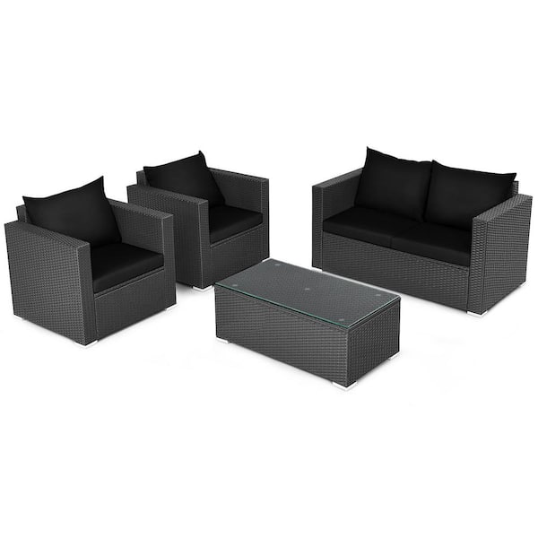Gymax 4PCS Rattan Patio Conversation Set Outdoor Furniture Set w/Black Cushions