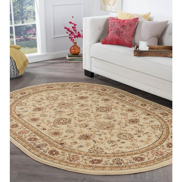 Elegance Floral Beige 7 ft. x 10ft. Oval Indoor Area Rug