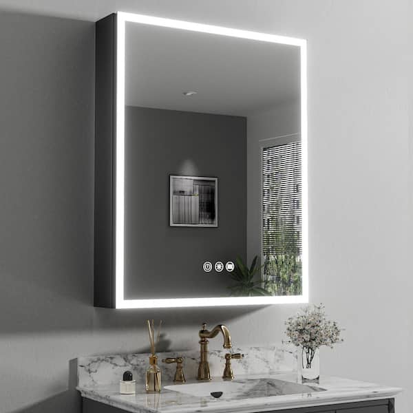 FAMYYT 24 in. W x 30 in. H Rectangular Aluminum Dynamic Flow Lighting Surface/Recessed Mount Medicine Cabinet with Mirror