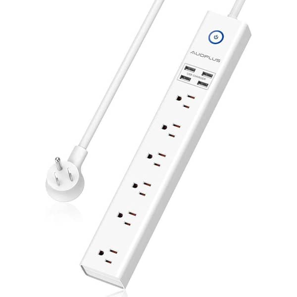 15 ft. Flat Plug Surge Protector Power Strip, Long Extension Cord with 6 Widely AC Outlets, 4-USB Ports for Home, White