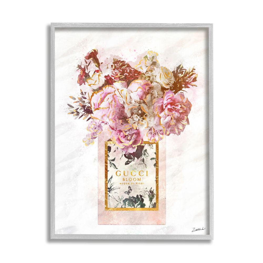 Stupell Industries Floral Bouquet Fashion Style Shopping Bag Pink White Gold by Ziwei Li Framed Abstract Wall Art Print 24 in. x 30 in -  aa-696_gff24x30