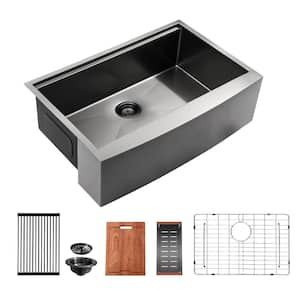 33 in. Farmhouse Single Bowl 16-Gauge Gunmetal Black Workstation Sink Stainless Steel Kitchen Sink with Ledges